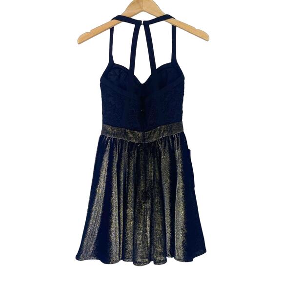 BeBe Lace Metallic Velvet Skater Dress Womens XXS Black Gold Goth Flapper Sheer - Picture 6 of 14